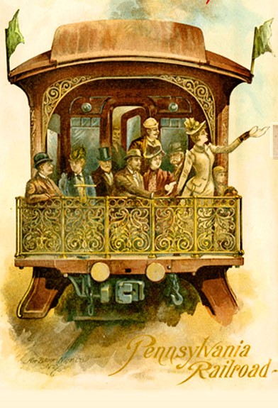 watercolor sketch of the end of an old time train with Pennsylvania Railroad written at the bottom