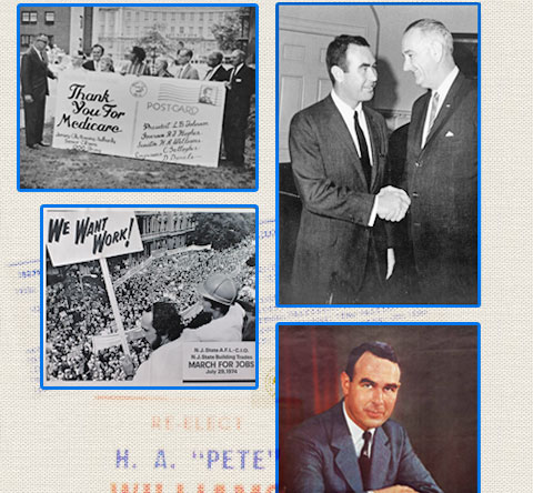 2 images in collage: thank you for medicare and Harrison with President Johnson