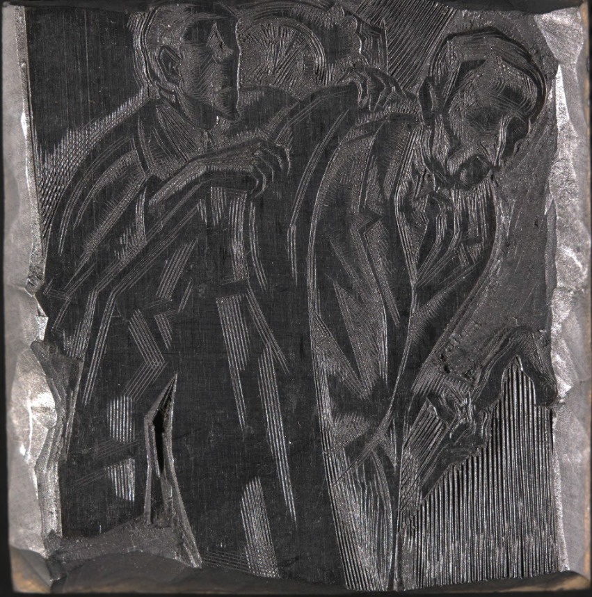 Vertigo by Lynd Ward: image 79 block - butler helping elderly man into a voluminous overcoat