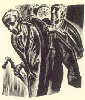 Vertigo by Lynd Ward: image 79 print - butler helping elderly man into a voluminous overcoat