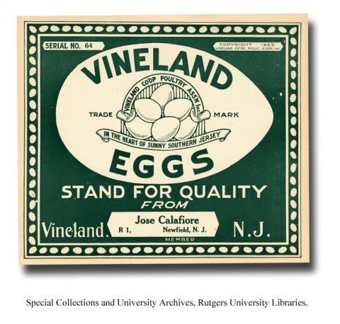 Vineland Eggs stand for quality from Vineland, New Jersey branding. Special Collections and University Archives, Rutgers University Libraries.