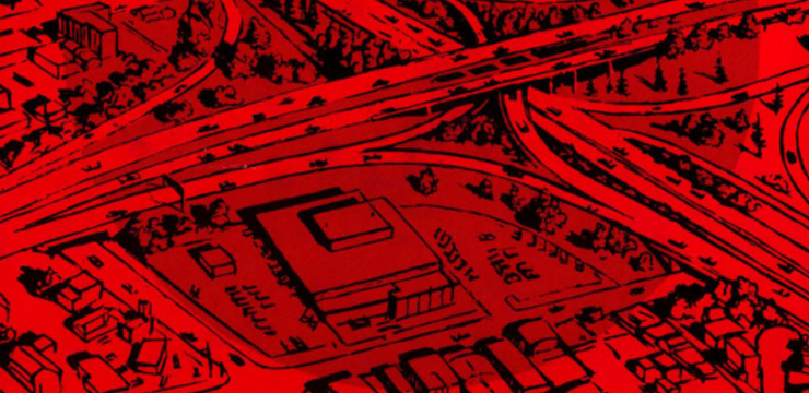 snippet of Crossroads book cover showing line drawing areil view of an industrial park