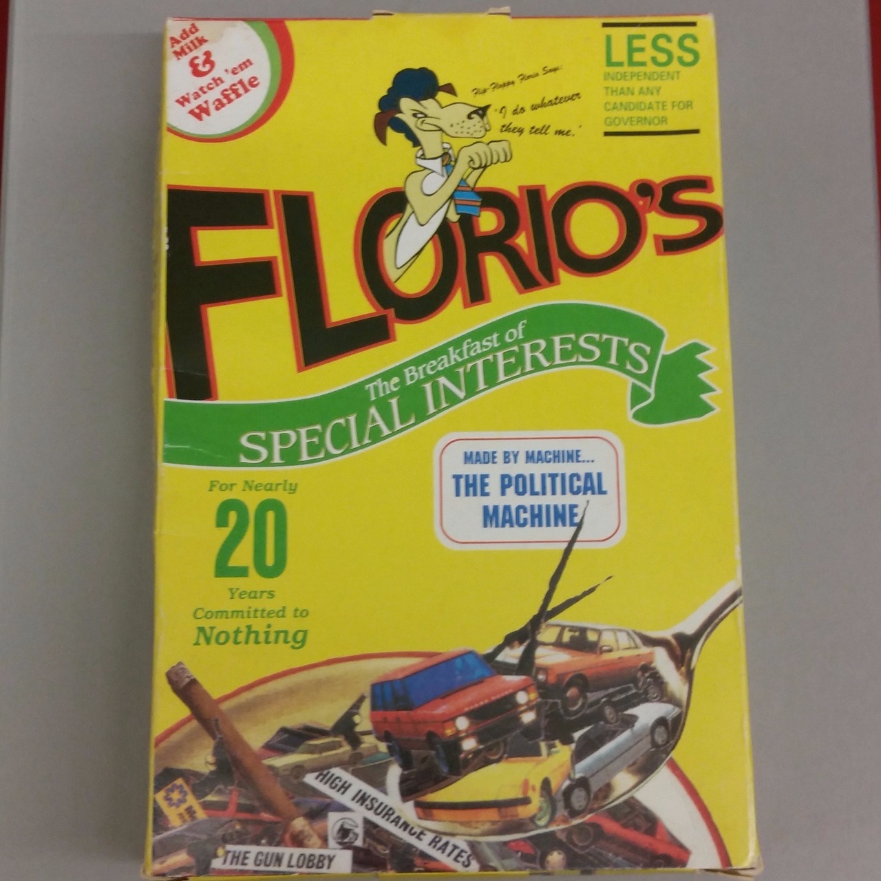 Florio's Cereal Box, 1989, not pro-Florio. 'add milk and watch'em waffle"