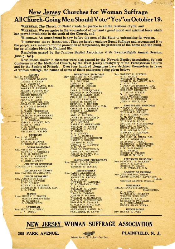 a broadside  expresses support for the movement with long lists of New Jersey churches of different denominations