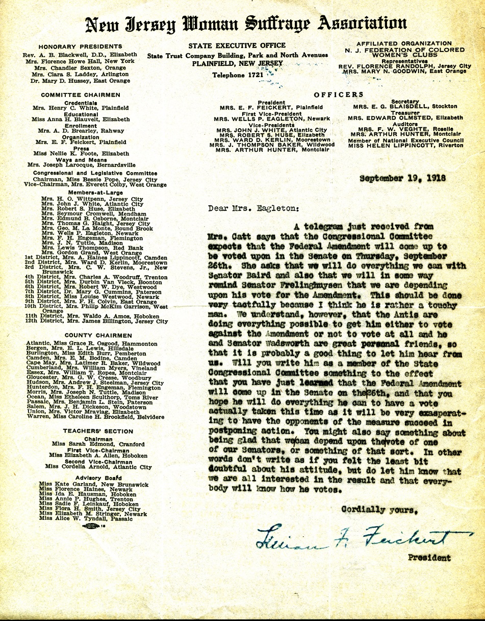 Letter, Lillian Feickert to Florence Eagleton noting the federal suffrage amendment was up for a vote in the U.S. Senate