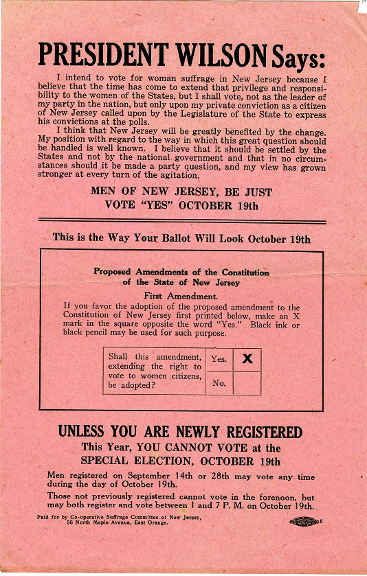 President Wilson Says Men of New Jersey Be Just, Vote "Yes" October 19th