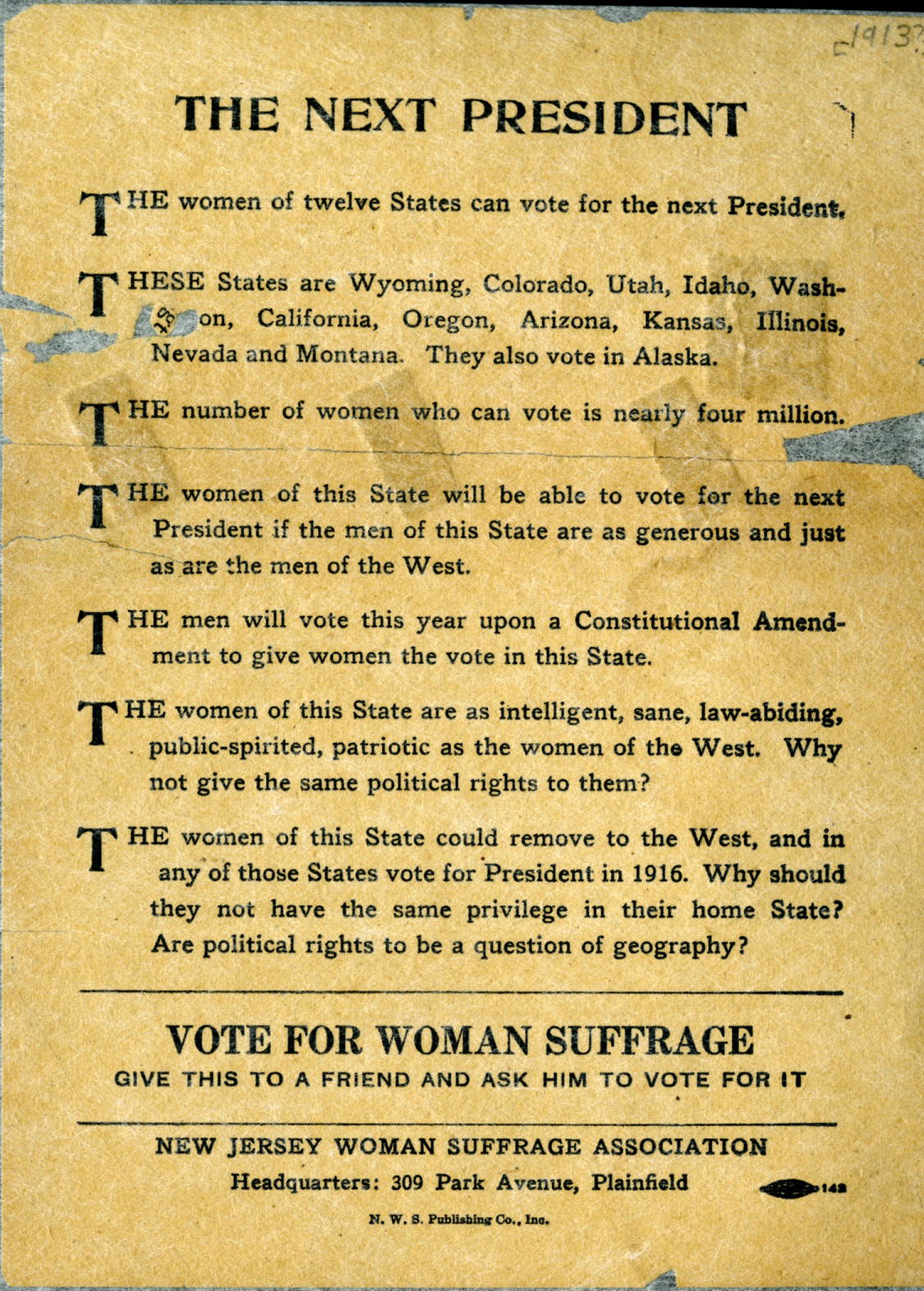 broadside: The Next President. New Jersey Woman Suffrage Association, 1915