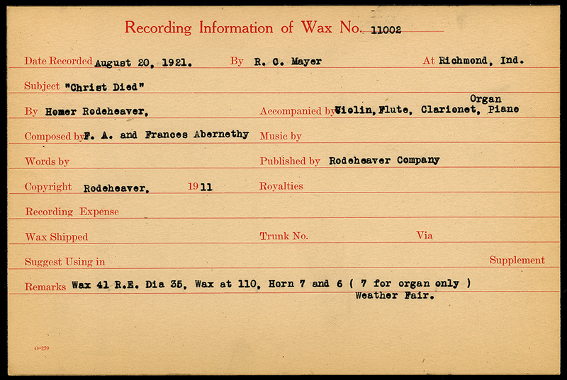 Recording card for "Christ Died"