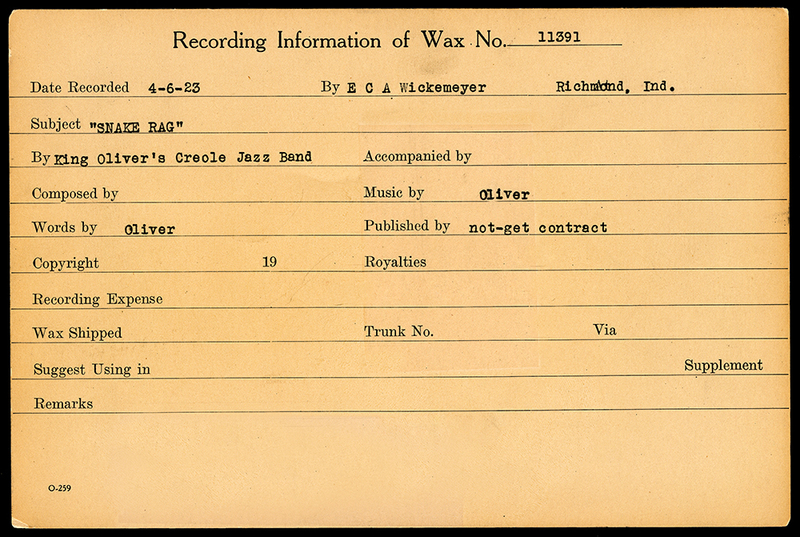 Recording Card for "Snake Rag" by The King Oliver's Creole Jazz Band.