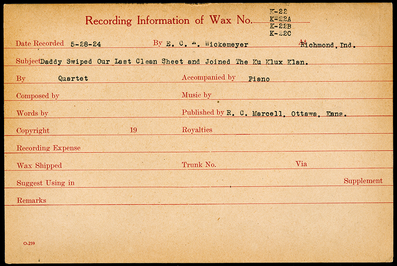 Recording Card for "Daddy Swiped Our Last Clean Sheet and Joined the Ku Klux Klan" by Quartet.