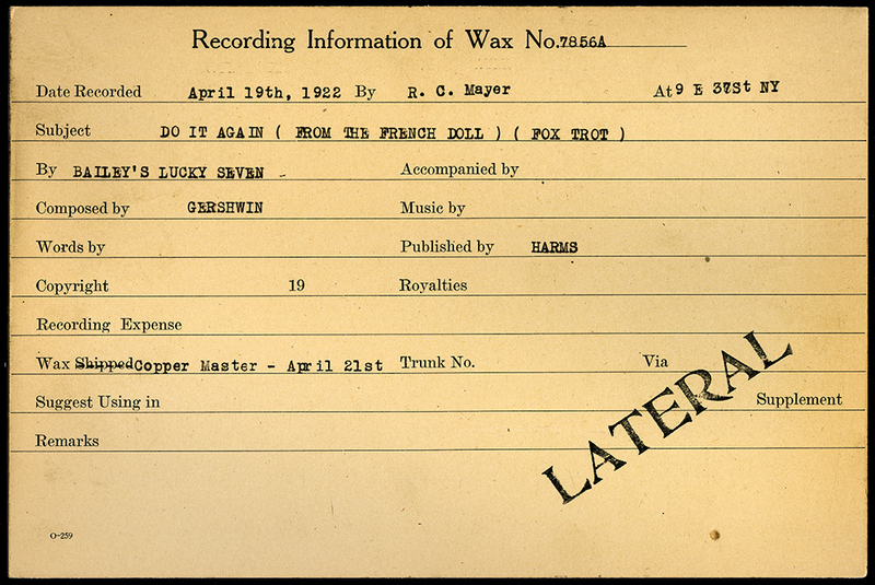 Recording information card of wax number 7856A, Do it Again from The French Doll. Fox trot.