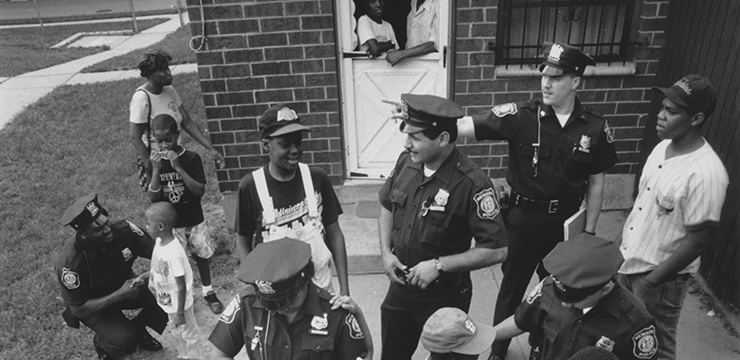  Newark police officers meet with children at a public housing complex in 1991.  Newark police officers meet with children at a public housing complex in 1991.